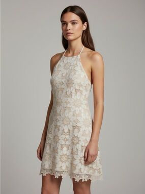 New Arose Studio Sleeveless Floral Lace Halter Dress in Cream size XL